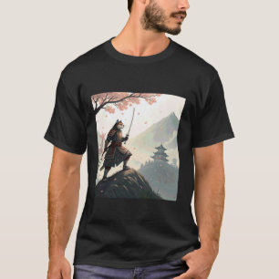 Noble Samurai Cat with Katana Among Petals T-Shirt