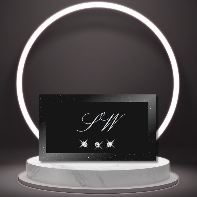Noble Shimmery Black Sparkling Diamonds Monogram Business Card (Creator Uploaded)