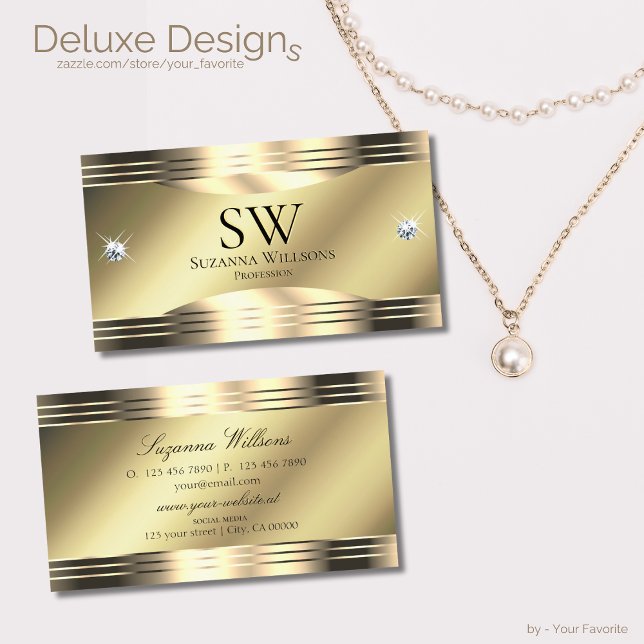 Noble Shimmery Gold Shiny Diamonds and Monogram Business Card (Creator Uploaded)