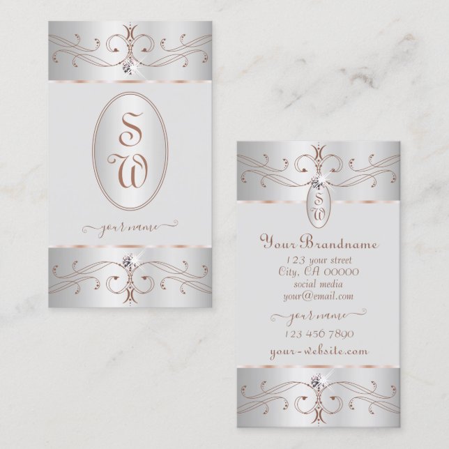 Noble Silver Rose Gold Ornate Ornaments Initials Business Card (Front/Back)