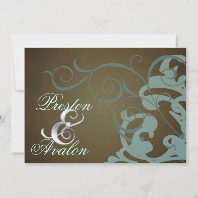 Noble Teal Scroll Brown Swirl Invitation (Front)