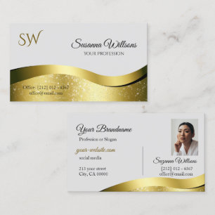 Noble Wavy Gold Decor on Light Grey Monogram Photo Business Card