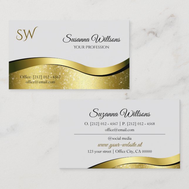 Noble Wavy Gold Decor on Light Grey with Monogram Business Card (Front/Back)