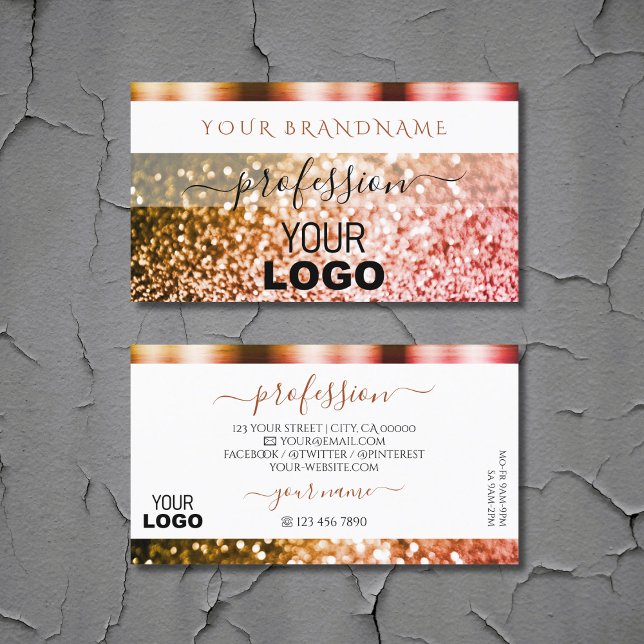 Noble White Orange Pink Sparkling Glitter Add Logo Business Card (Creator Uploaded)