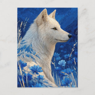 Noble White Wolf in Cobalt Blue Garden Postcard