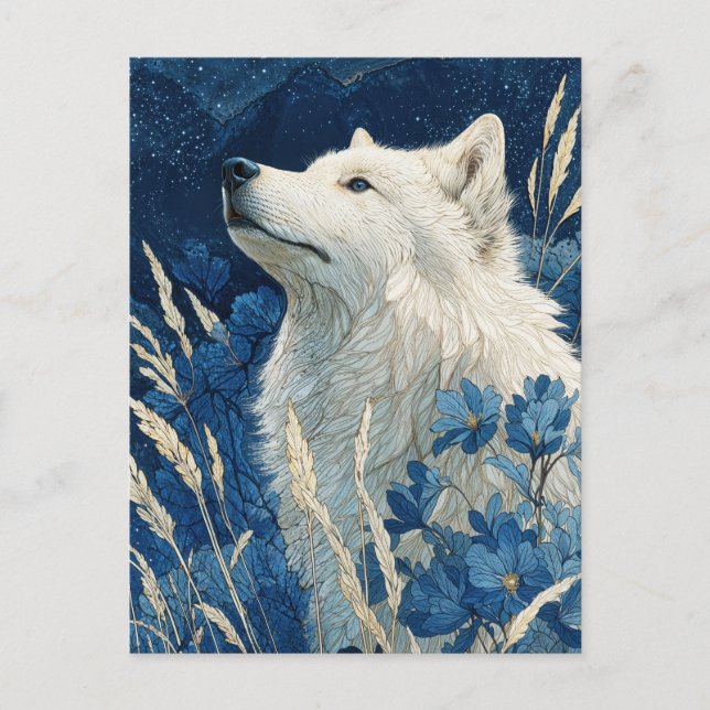 Noble White Wolf in Midnight Blue Garden Postcard (Front)