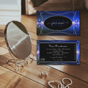 Nobly Black Blue Ornate Sparkle Diamonds Initials Business Card
