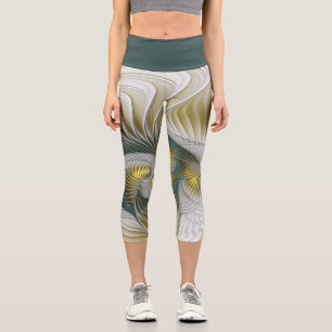 Nobly Golden Teal Abstract Fantasy Fractal Art Capri Leggings