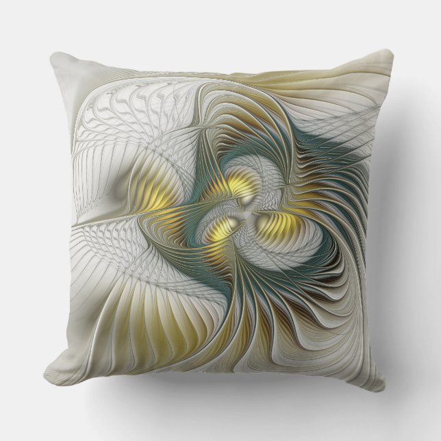 Nobly Golden Teal Abstract Fantasy Fractal Art Cushion (Front)