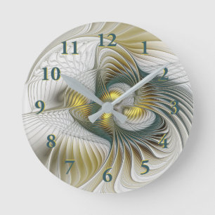 Nobly Golden Teal Abstract Fantasy Fractal Art Round Clock