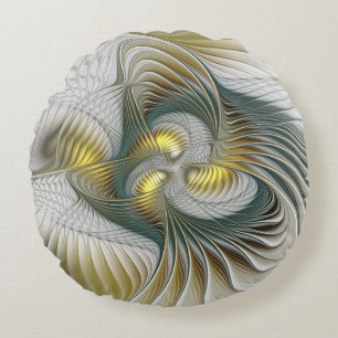 Nobly Golden Teal Abstract Fantasy Fractal Art Round Cushion