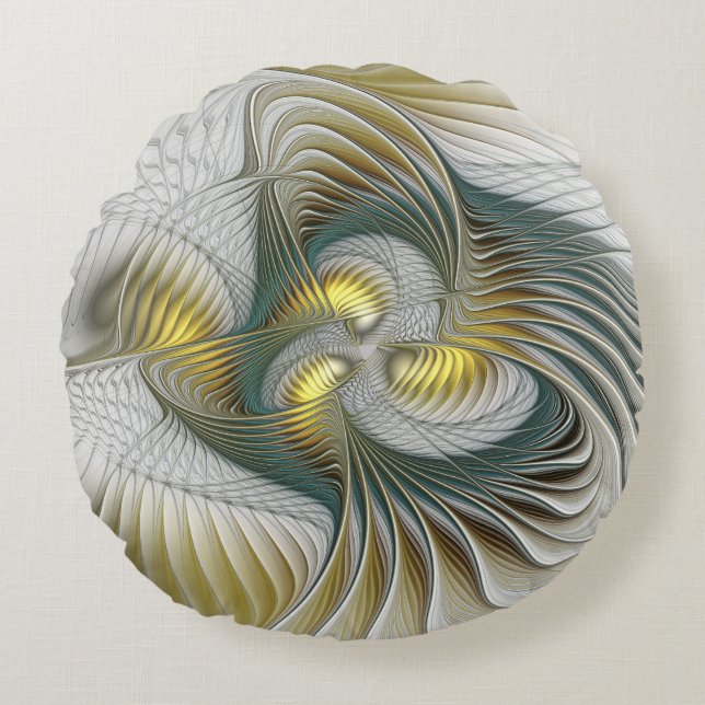 Nobly Golden Teal Abstract Fantasy Fractal Art Round Cushion (Front)