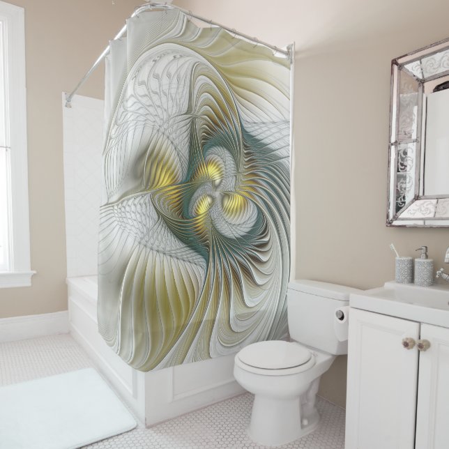 Nobly Golden Teal Abstract Fantasy Fractal Art Shower Curtain (In Situ)