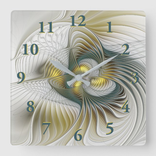 Nobly Golden Teal Abstract Fantasy Fractal Art Square Wall Clock (Front)
