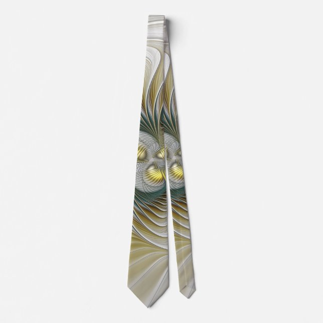 Nobly Golden Teal Abstract Fantasy Fractal Art Tie (Front)
