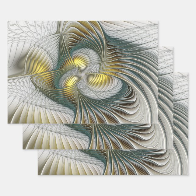 Nobly Golden Teal Abstract Fantasy Fractal Art Wrapping Paper Sheet (Set)