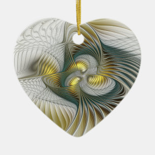 Nobly Golden Teal Abstract Fantasy Fractal Heart Ceramic Ornament