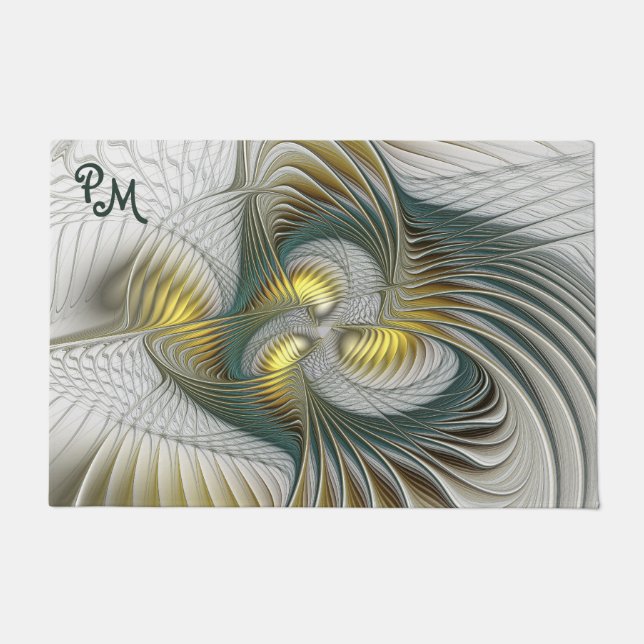 Nobly Golden Teal Abstract Fractal Art Initials Doormat (Front)