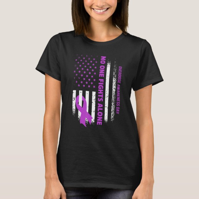 Nobody Fights Overdose Alone USA Flag purple Ribbo T-Shirt (Front)