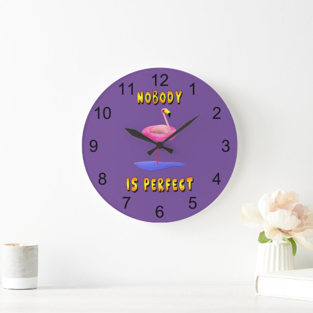 Nobody is perfect - flamingo with swimming ring large clock (Home)