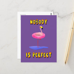 Nobody is perfect - flamingo with swimming ring postcard