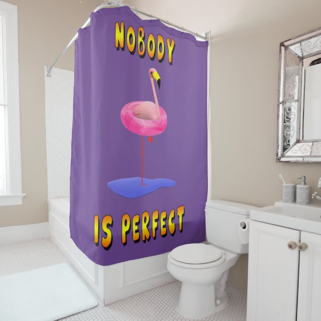 Nobody is perfect - flamingo with swimming ring shower curtain (In Situ)