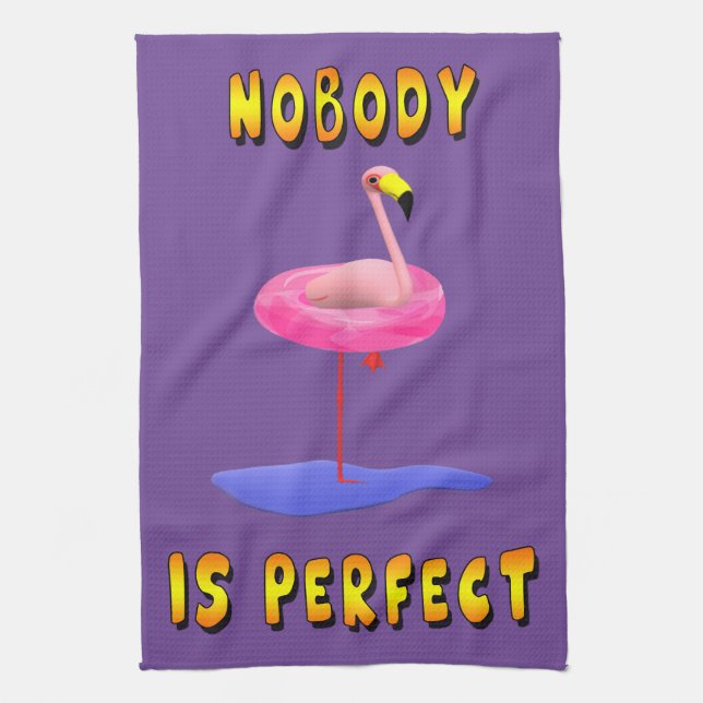 Nobody is perfect - flamingo with swimming ring tea towel (Vertical)