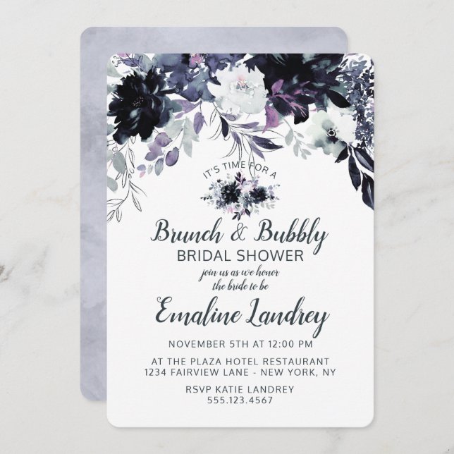 Nocturnal Floral Brunch & Bubbly Bridal Shower Invitation (Front/Back)