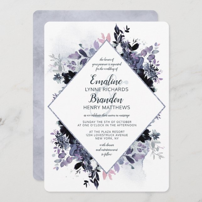 Nocturnal Floral Dusty Blue Diamond Frame Wedding Invitation (Front/Back)