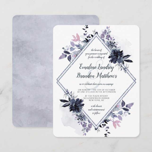 Nocturnal Floral Dusty Blue Diamond Wedding Invitation (Front/Back)