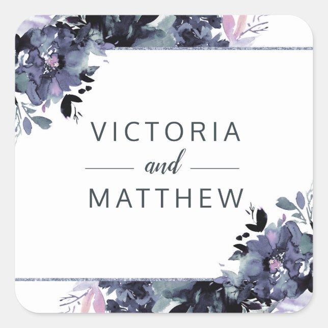 Nocturnal Floral Dusty Blue Monogram Wedding Square Sticker (Front)
