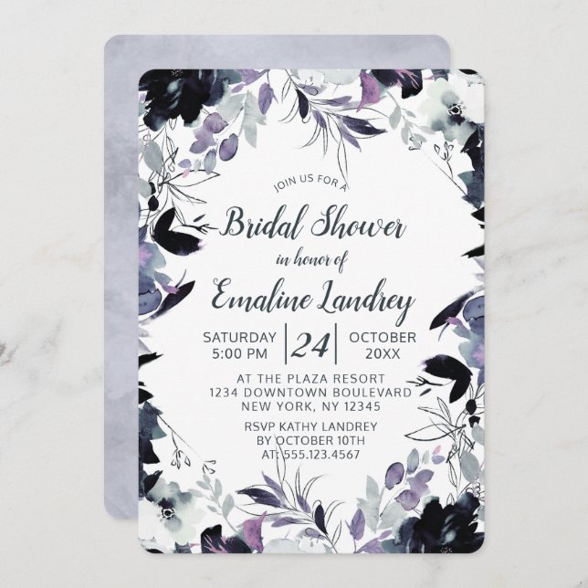 Nocturnal Floral Dusty Blue Wedding Bridal Shower Invitation (Front/Back)