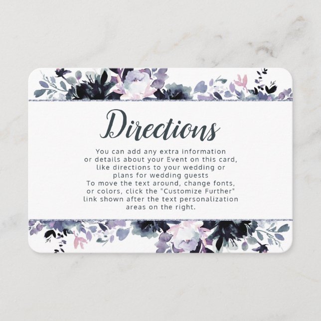 Nocturnal Floral Dusty Blue Wedding Directions Enclosure Card (Front)