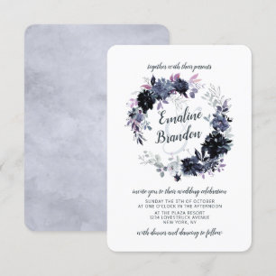 Nocturnal Floral Dusty Blue Wreath Wedding Invitation