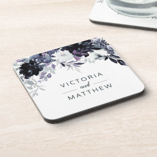 Nocturnal Floral Framed Navy Blue Wedding Monogram Coaster