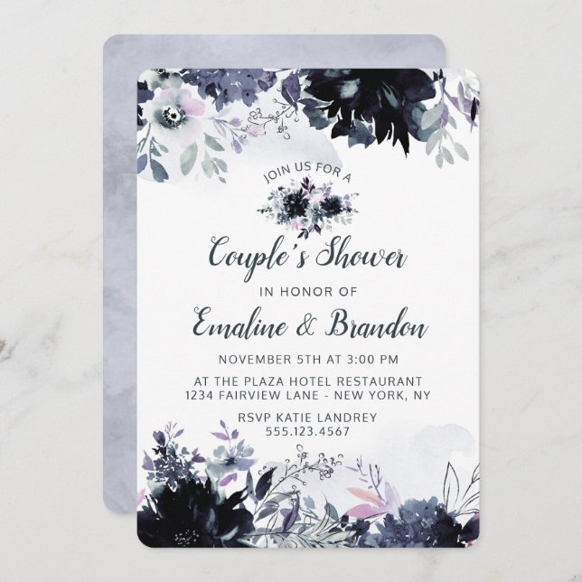 Nocturnal Floral Navy Blue Couple's Wedding Shower Invitation (Front/Back)