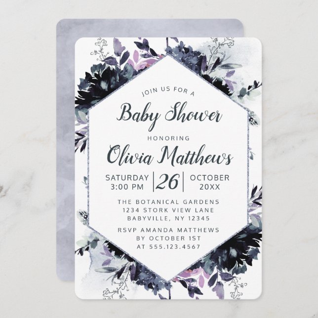 Nocturnal Floral Navy Blue & Grey Baby Girl Shower Invitation (Front/Back)