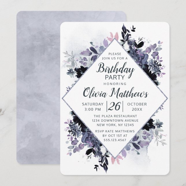 Nocturnal Floral Navy Blue & Grey Birthday Party Invitation (Front/Back)