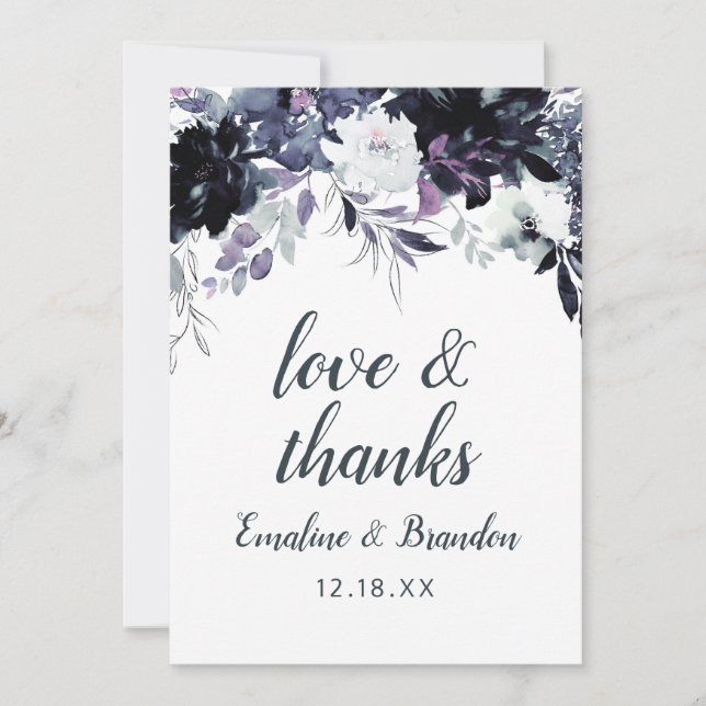 Nocturnal Floral Navy Blue Wedding Love and Thanks Thank You Card (Front)