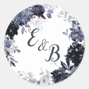 Nocturnal Floral Navy Blue Wreath Monogram Wedding Classic Round Sticker