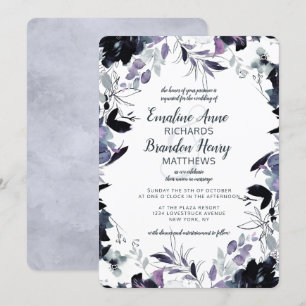 Nocturnal Floral Navy Dusty Blue Border Wedding Invitation