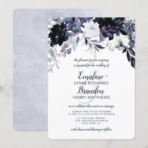 Nocturnal Floral Navy Dusty Blue Floral Wedding Invitation