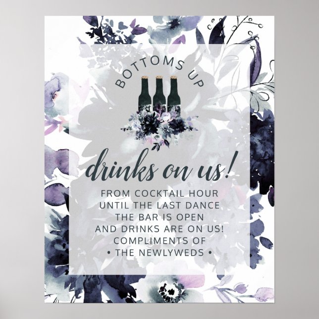 Nocturnal Floral Navy Wedding Open Bar Table Sign (Front)