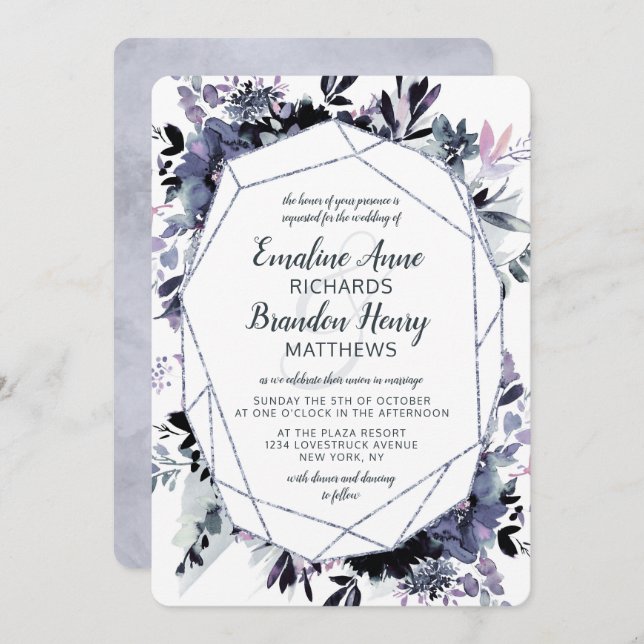 Nocturnal Floral Silver Gem Dusty Blue Wedding Invitation (Front/Back)