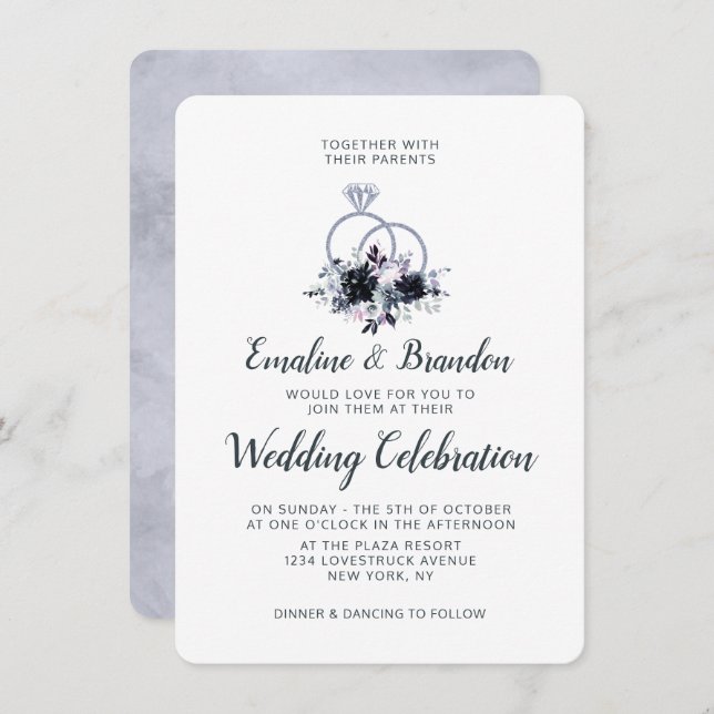 Nocturnal Floral Silver Sparkle Rings Wedding Invitation (Front/Back)