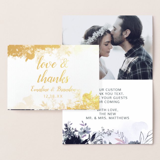 Nocturnal Floral Thank You Wedding Photo Gold Foil Card (Display)
