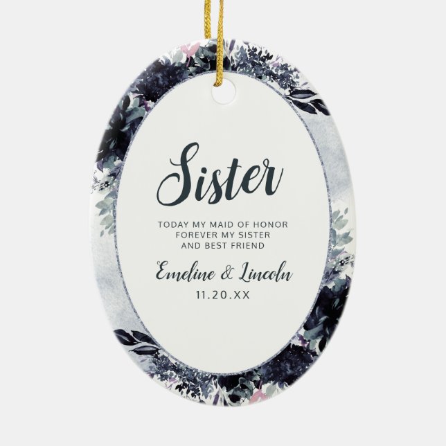 Nocturnal Floral To the Sister Quote Ceramic Ornament (Back)