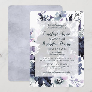 Nocturnal Floral Watercolor Dusty Blue Wedding Invitation