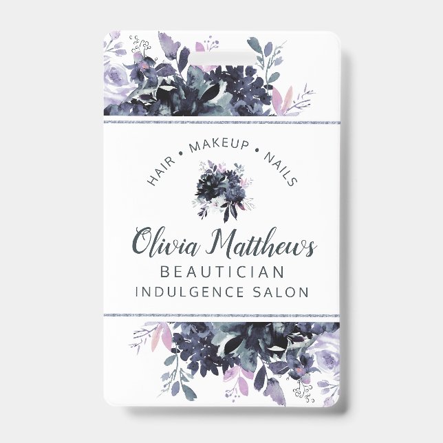 Nocturnal Floral Watercolor Navy Custom Business ID Badge (Front)