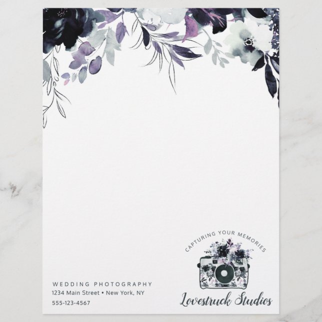 Nocturnal Floral Watercolor Navy Custom logo Custom Letterhead (Front)
